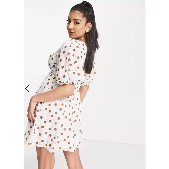 Abercrombie White Brown Polka Dot Puff Sleeve Mini Dress - Picture 4 of 13